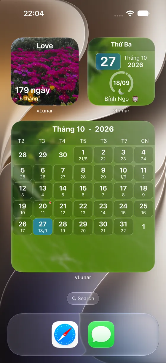 Widget vLunar nhỏ, widget đếm ngày và lịch tháng trên iPhone