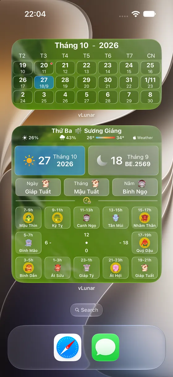 Widget vLunar vừa và lớn trên màn hình chính iPhone